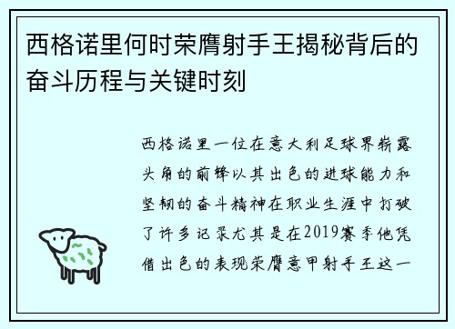 西格诺里何时荣膺射手王揭秘背后的奋斗历程与关键时刻