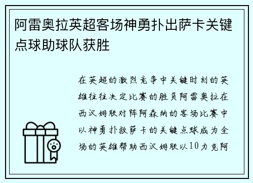 阿雷奥拉英超客场神勇扑出萨卡关键点球助球队获胜