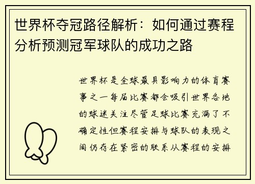 世界杯夺冠路径解析：如何通过赛程分析预测冠军球队的成功之路